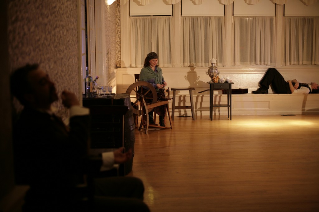 Astrov (Carter Rodriquez), Marina (Zhenya Lavy), & Vanya (Joseph Lavy). Top of show. | Uncle Vanya (2014) | Photo: Annie Paladino