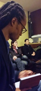 (L-R) Playwright Stacy Flood takes notes on the discussion about his new play, The Pleasure & Sorrow of Your Company, as fellow playwrights Olivia Pi-Sunyer and Ina Chang listen. | Photo: Zhenya Lavy