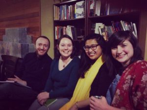 Members of Theatre Battery at the 2018 NYNP Salon reading of Jessica Andrewartha's "Choices People Make." (L-R: Joshua Hamilton, Jessica Andrewartha, Annelih Hamilton, and Gianna Gargiulo)